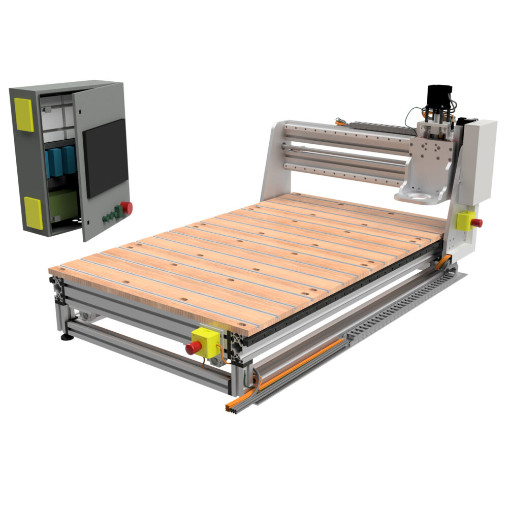 3D-Bild einer selbstgebauten CNC-Portalfräse mit Schaltschrank