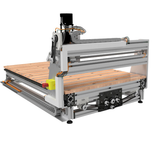 Rückansicht der selbstgebauten CNC-Portalfräse und Sichtbarkeit der Riemenantriebe der X-Achse und Y-Achse