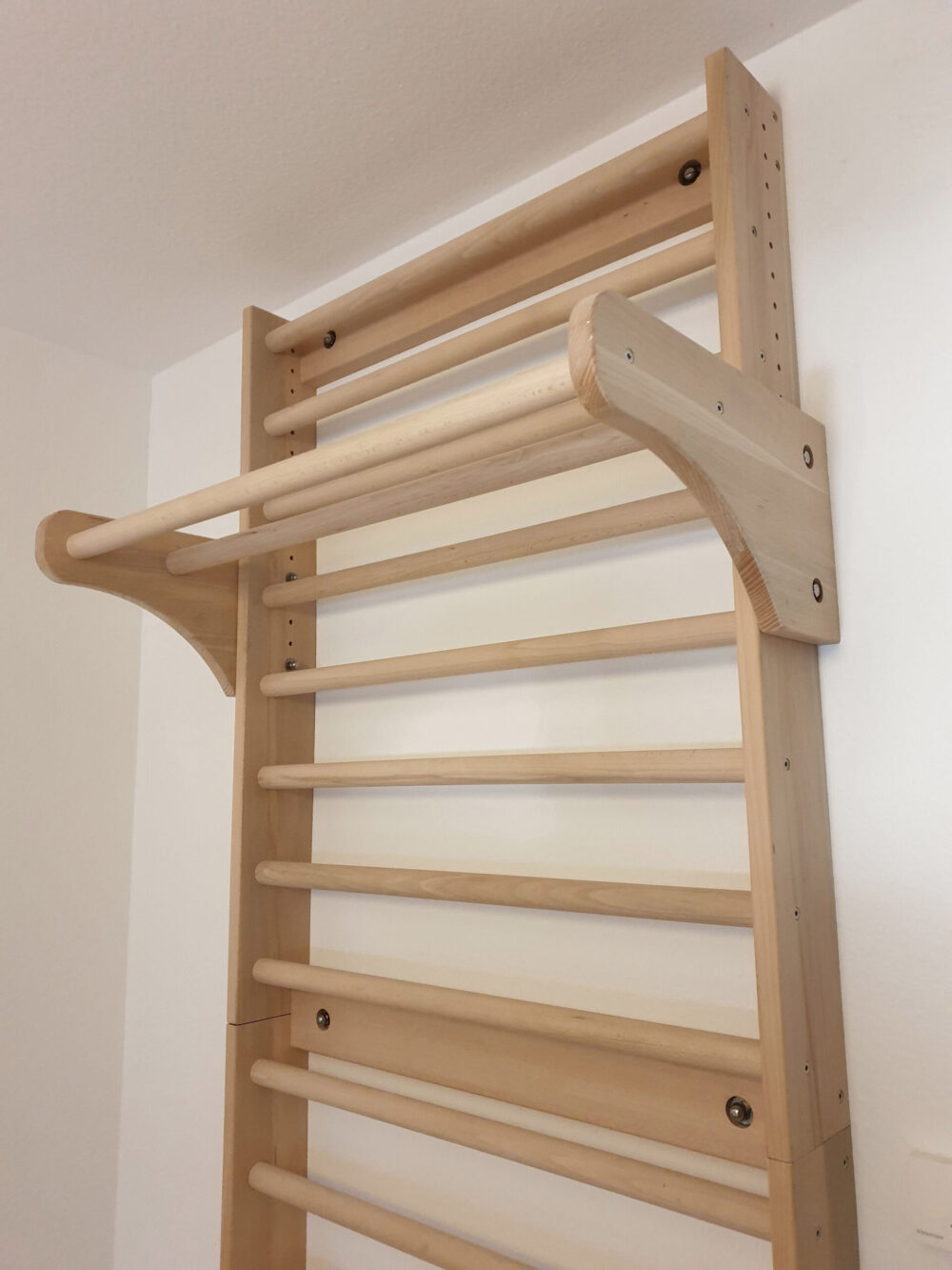 Detailaufnahme der Eigenbau-Sprossenwand mit verstellbaren Ausleger