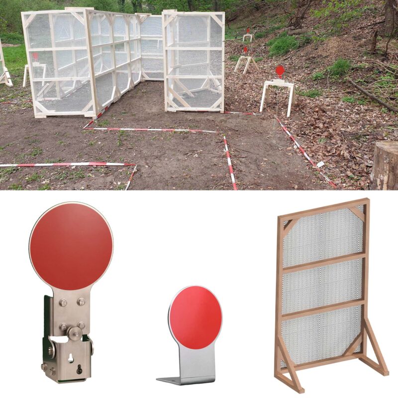 Collage des IPSC-Action-Air-Parcours Zubehör mit Stellwänden, Fallscheibe SP15 und Standziel SF7