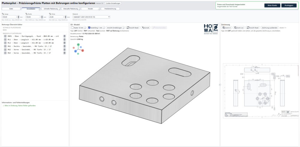 Screenshot aus dem 3D-Konfigurator Plattenpilot einer konfigurierten Platte mit verschiedenen Bohrungsarten wie Langloch mit Senkung, stirnseitige Gewindebohrungen sowie eine runde Bohrungsanordnung als Muster