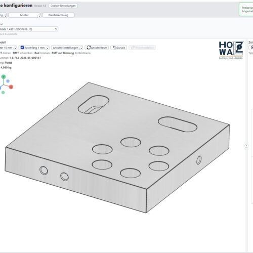 Screenshot aus dem 3D-Konfigurator Plattenpilot einer konfigurierten Platte mit verschiedenen Bohrungsarten wie Langloch mit Senkung, stirnseitige Gewindebohrungen sowie eine runde Bohrungsanordnung als Muster