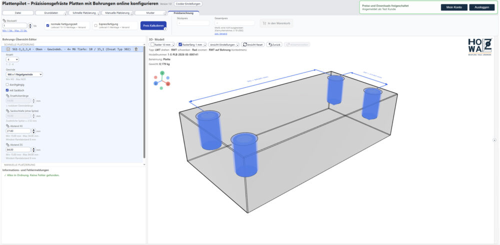 Screenshot aus dem 3D-Konfigurator Plattenpilot eines konfigurierten Bauteils in transparenter Darstellung mit 4 Gewindebohrungen