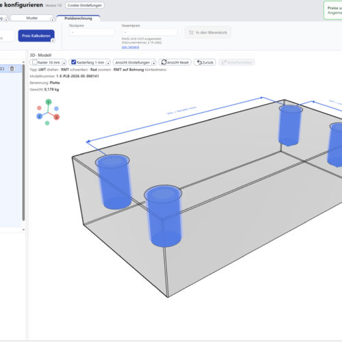 Screenshot aus dem 3D-Konfigurator Plattenpilot eines konfigurierten Bauteils in transparenter Darstellung mit 4 Gewindebohrungen