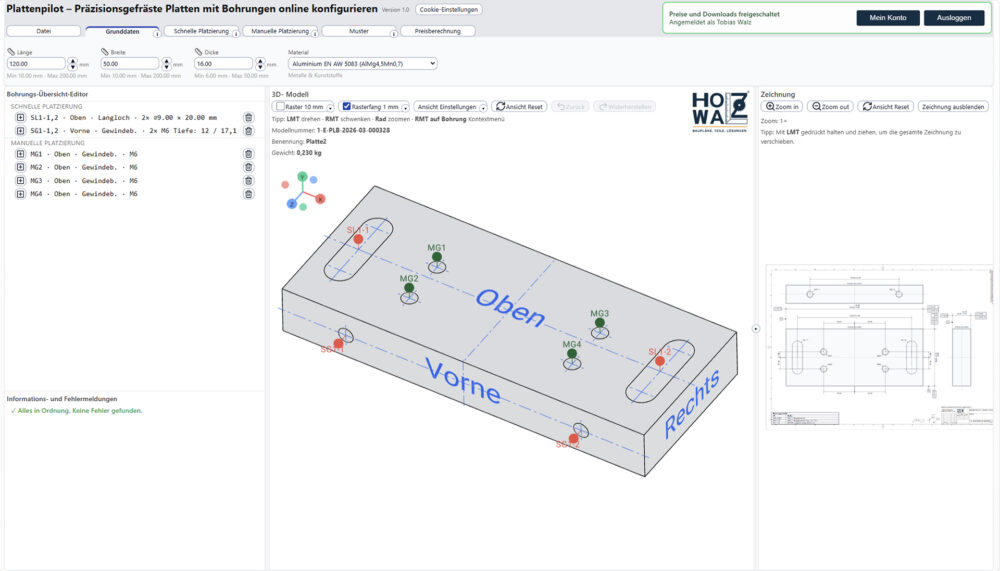 Screenshot aus dem Plattenpilot zum konfigurieren von präzisionsgefrästen Bauteilen mit Bohrungen von HolzWalz