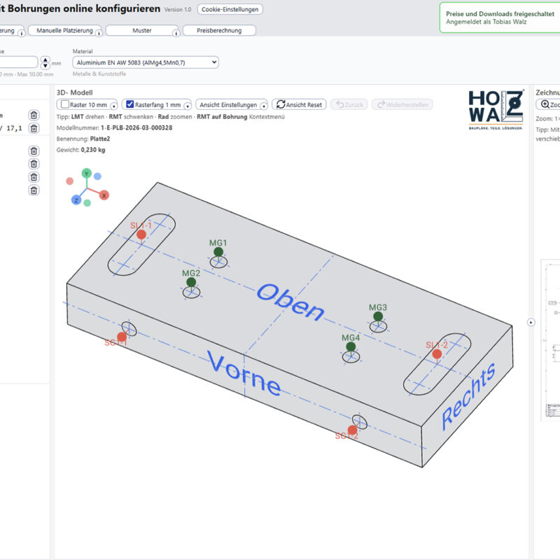 Screenshot aus dem Plattenpilot zum konfigurieren von präzisionsgefrästen Bauteilen mit Bohrungen von HolzWalz